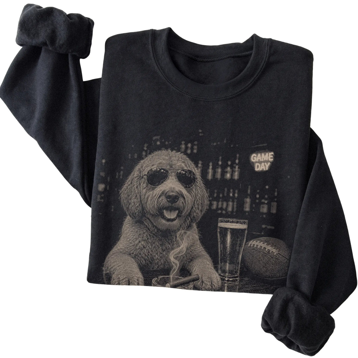 Black Beer and Football Labradoodle sweatshirt, folded