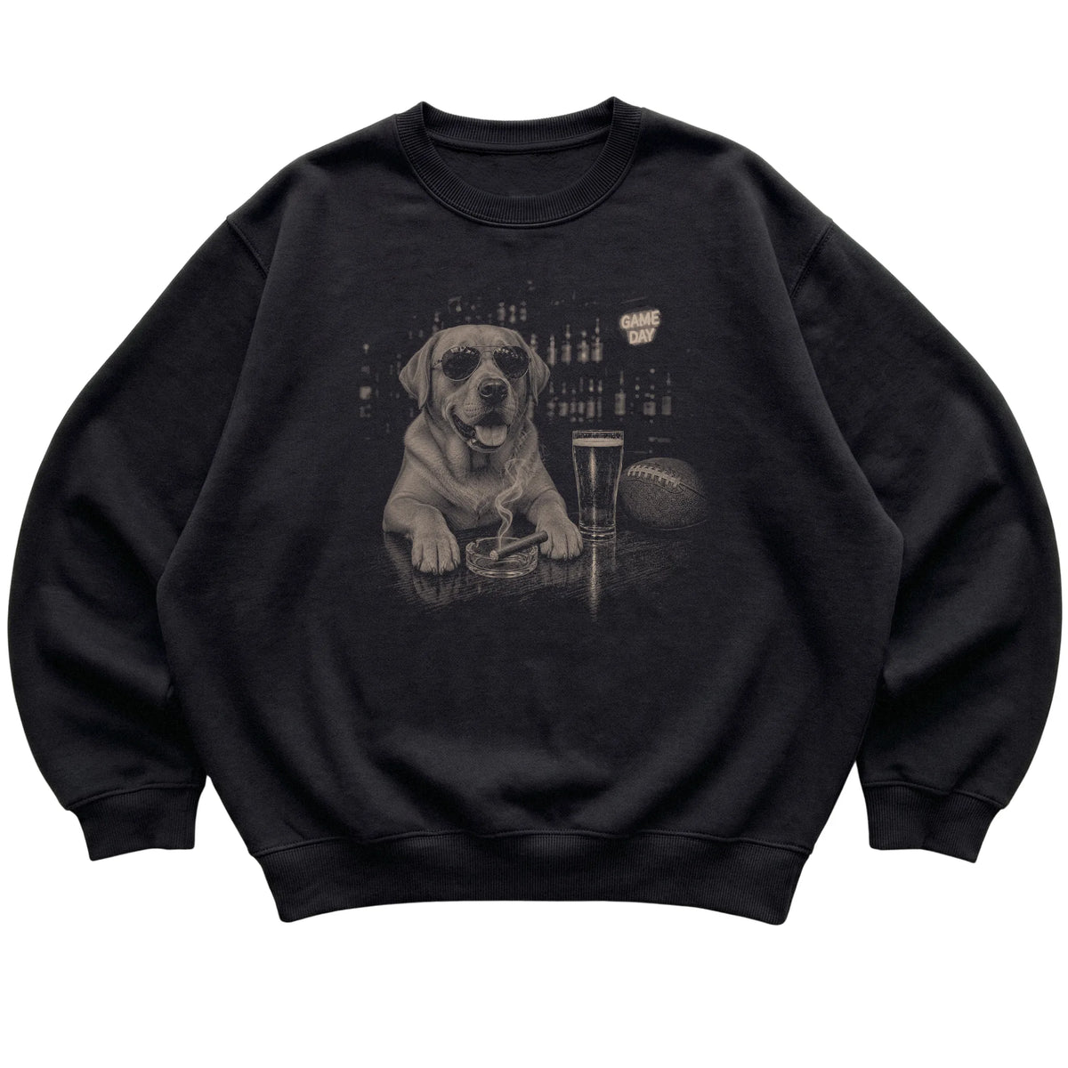 Black Beer and Football Labrador Retriever sweatshirt, laid flat