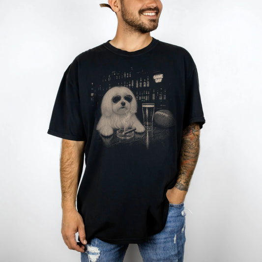 Model wearing a Black Comfort Colors® T-shirt featuring Maltese with beer and football graphics