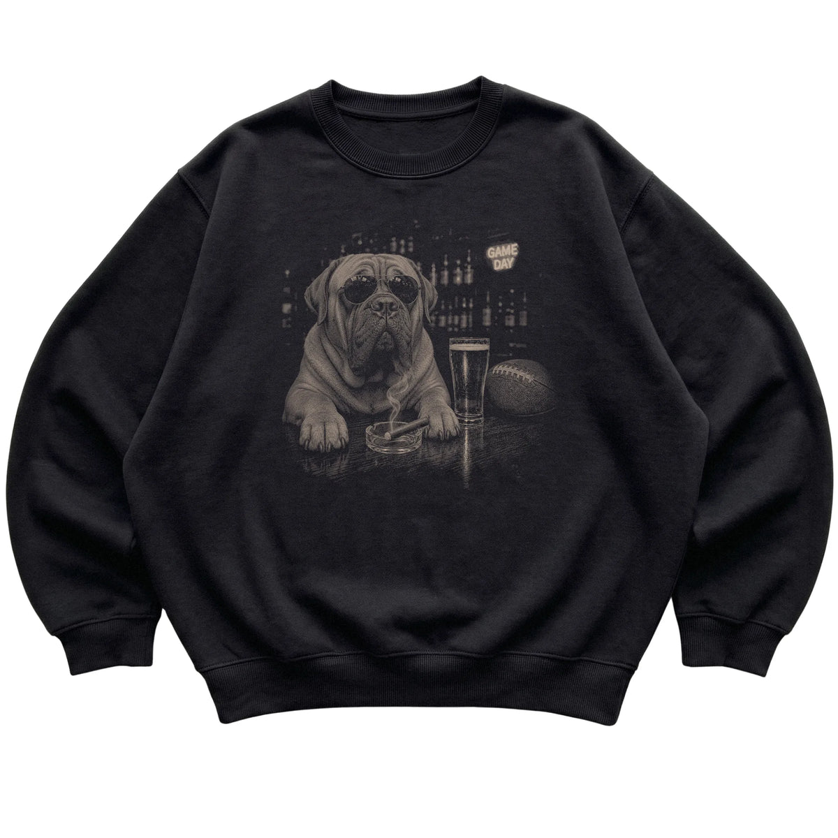 Black Beer and Football Mastiff sweatshirt, laid flat