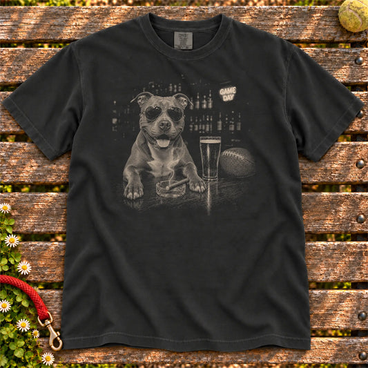 Beer and Football Pitbull design on a Black Comfort Colors T-shirt, shown flat
