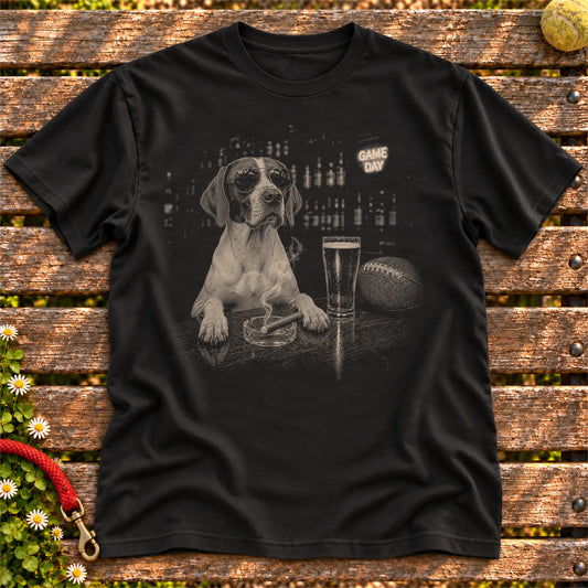 Pointer Beer and Football Shirt on a Black T-shirt, shown flat