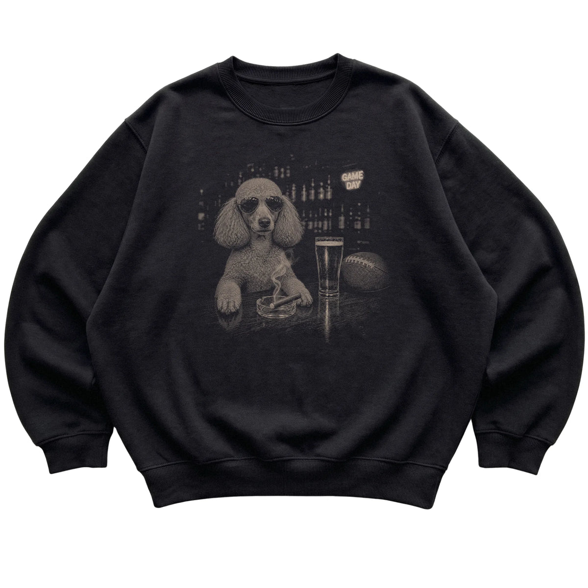 Black Beer and Football Poodle sweatshirt, laid flat