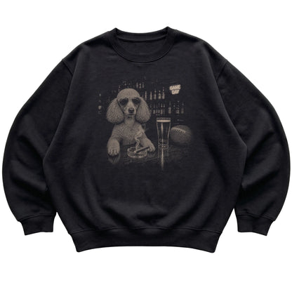 Black Beer and Football Poodle sweatshirt, laid flat