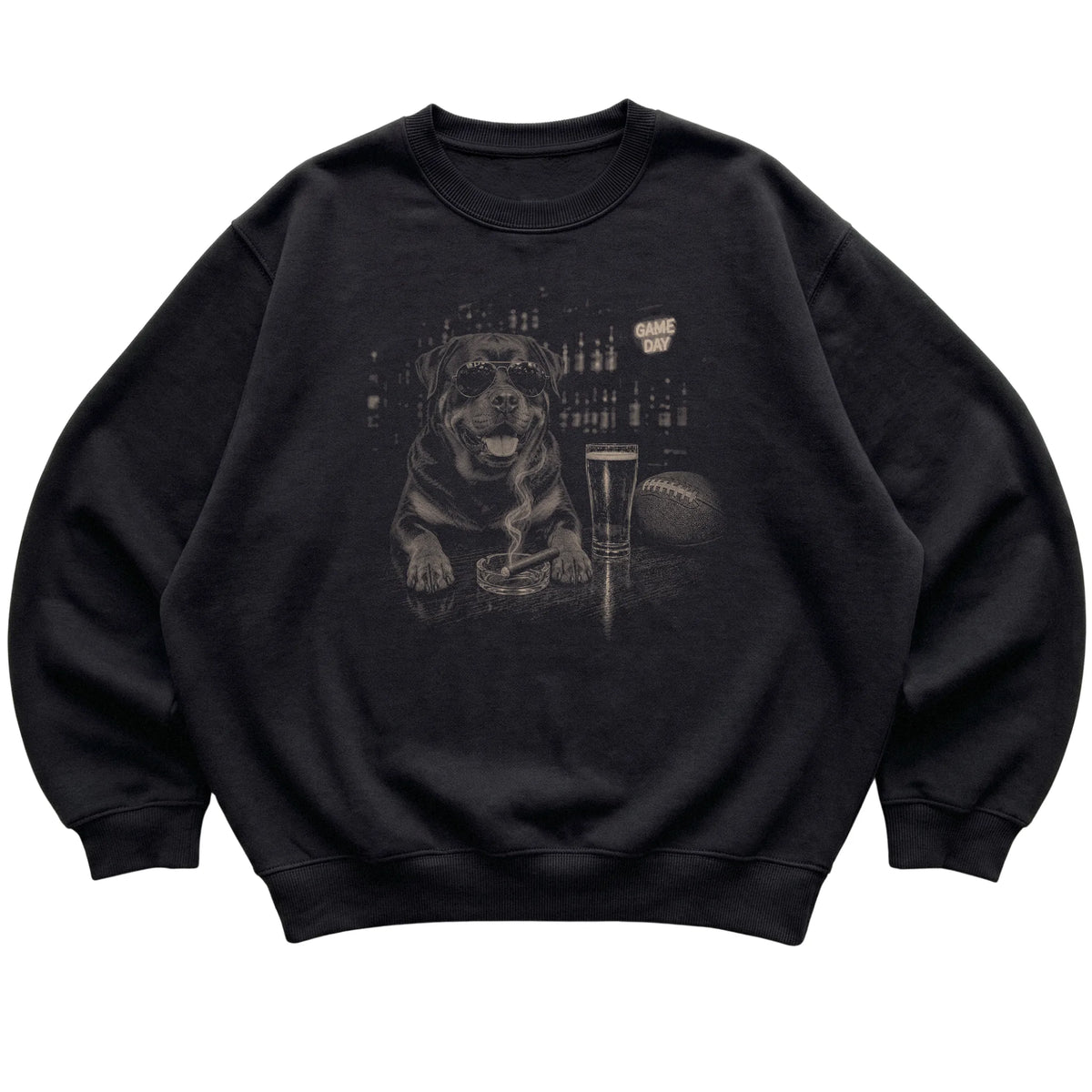 Black Beer and Football Rottweiler sweatshirt, laid flat