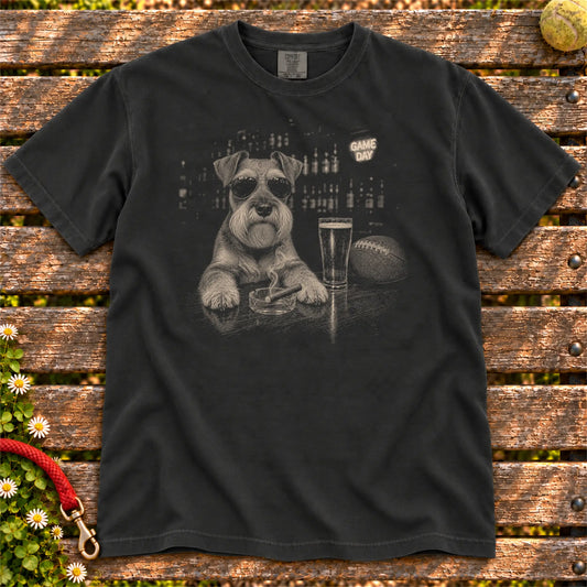 Beer and Football Schnauzer design on a Black Comfort Colors T-shirt, shown flat