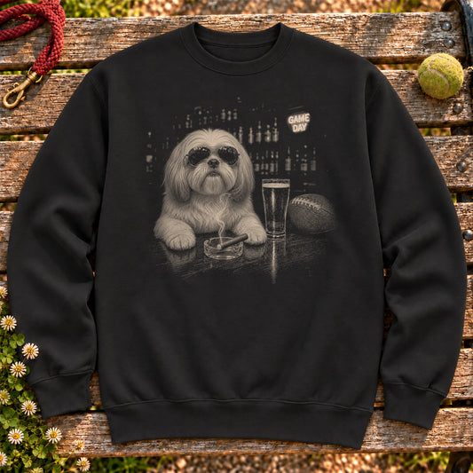 Shih Tzu Beer and Football Shirt on a Black crewneck sweatshirt, shown flat