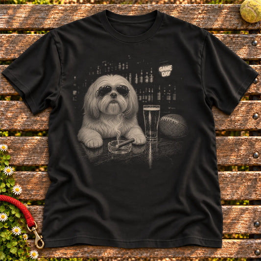 Shih Tzu Beer and Football Shirt on a Black T-shirt, shown flat
