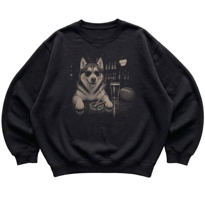 Black Beer and Football Siberian Husky sweatshirt, laid flat