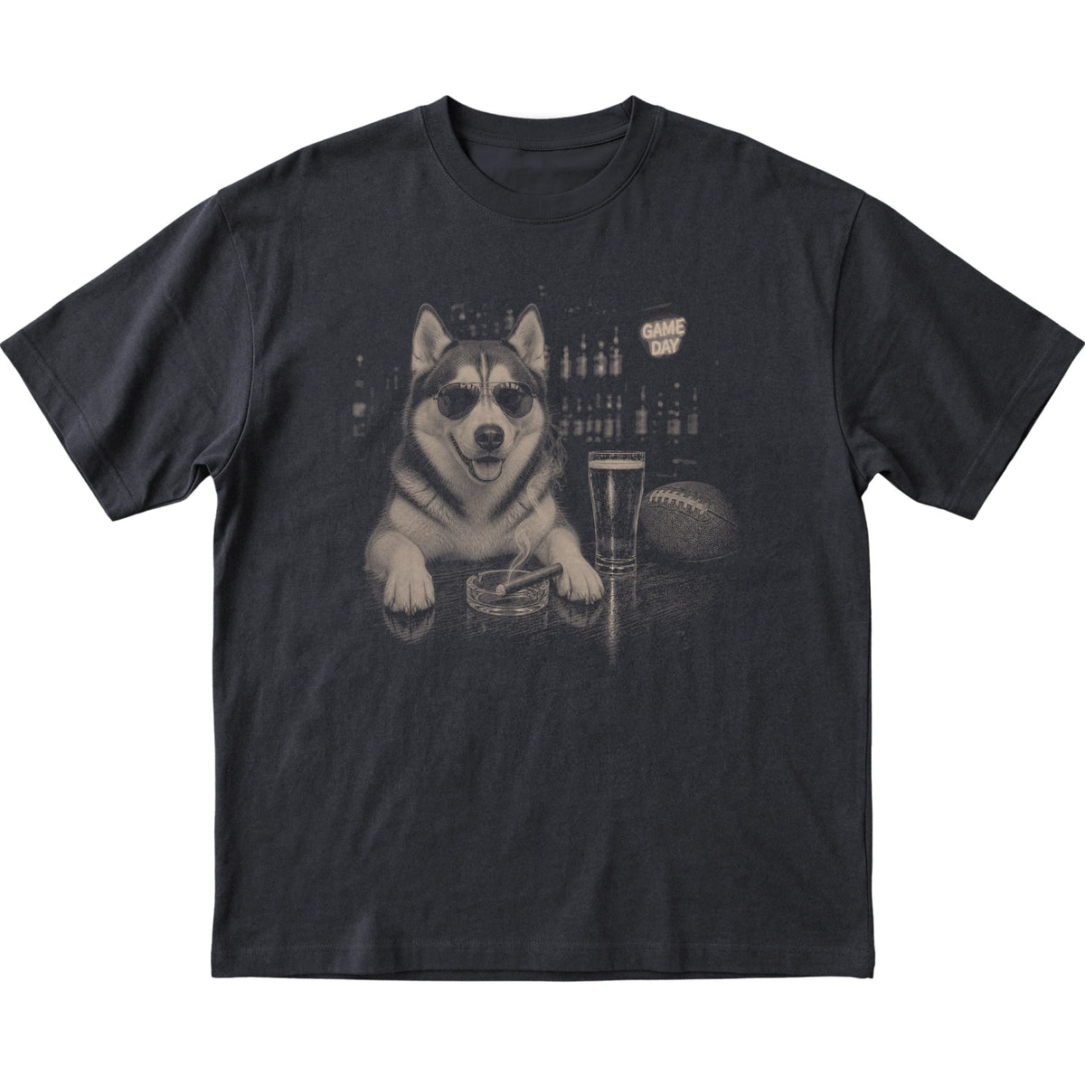 Black Beer and Football Siberian Husky T-shirt, laid flat