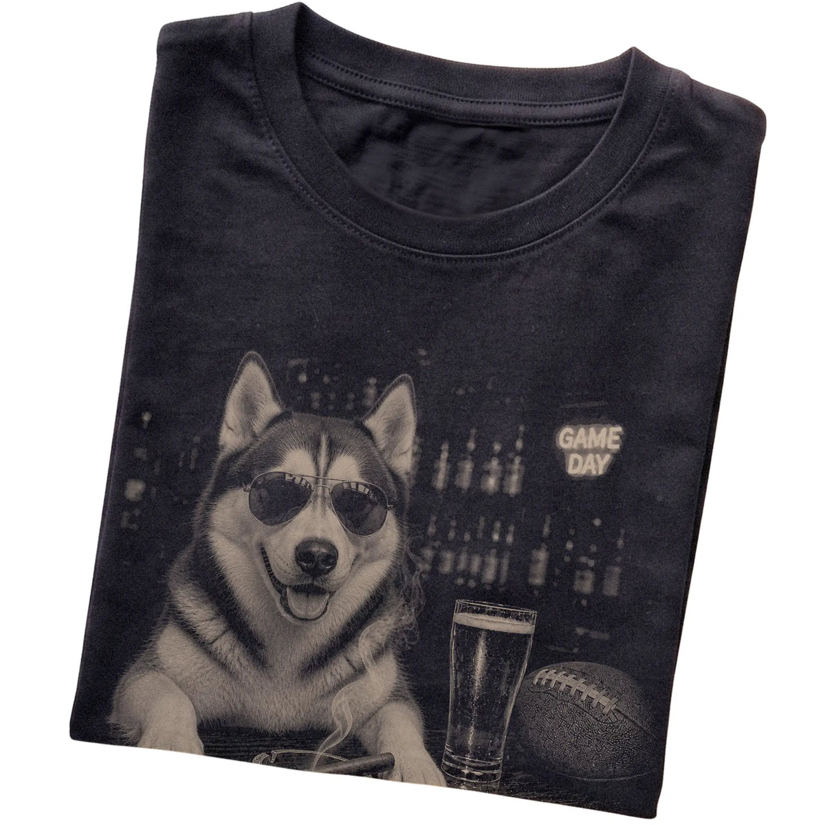 Black Beer and Football Siberian Husky T-shirt, folded