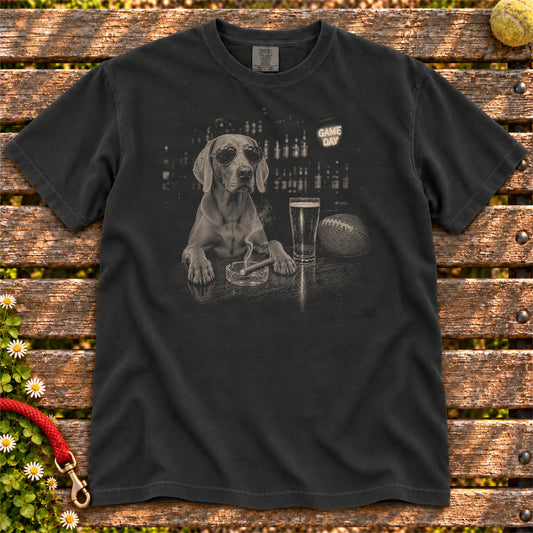 Beer and Football Weimaraner design on a Black Comfort Colors T-shirt, shown flat