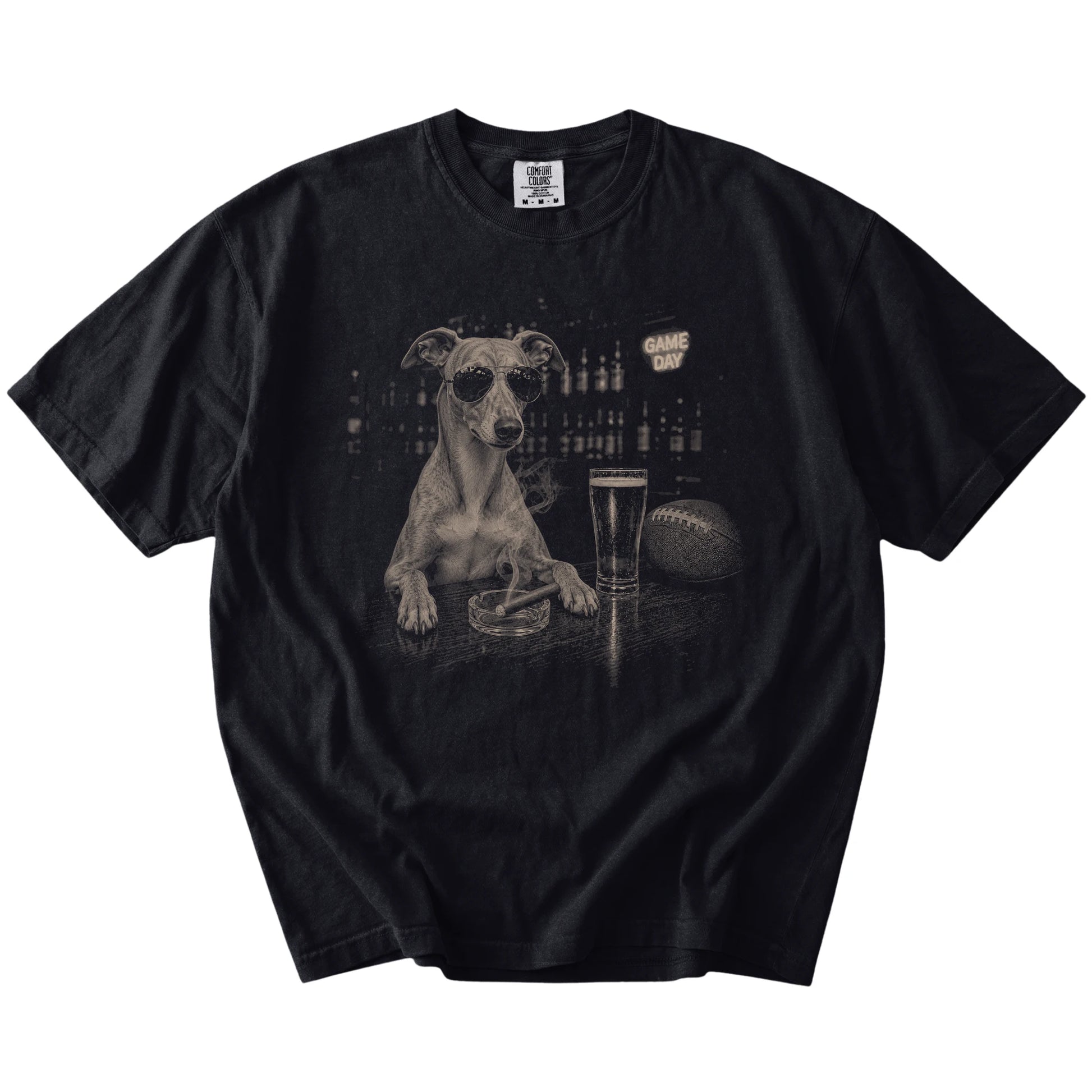 Whippet with beer and football graphics on a Black Comfort Colors® T-shirt