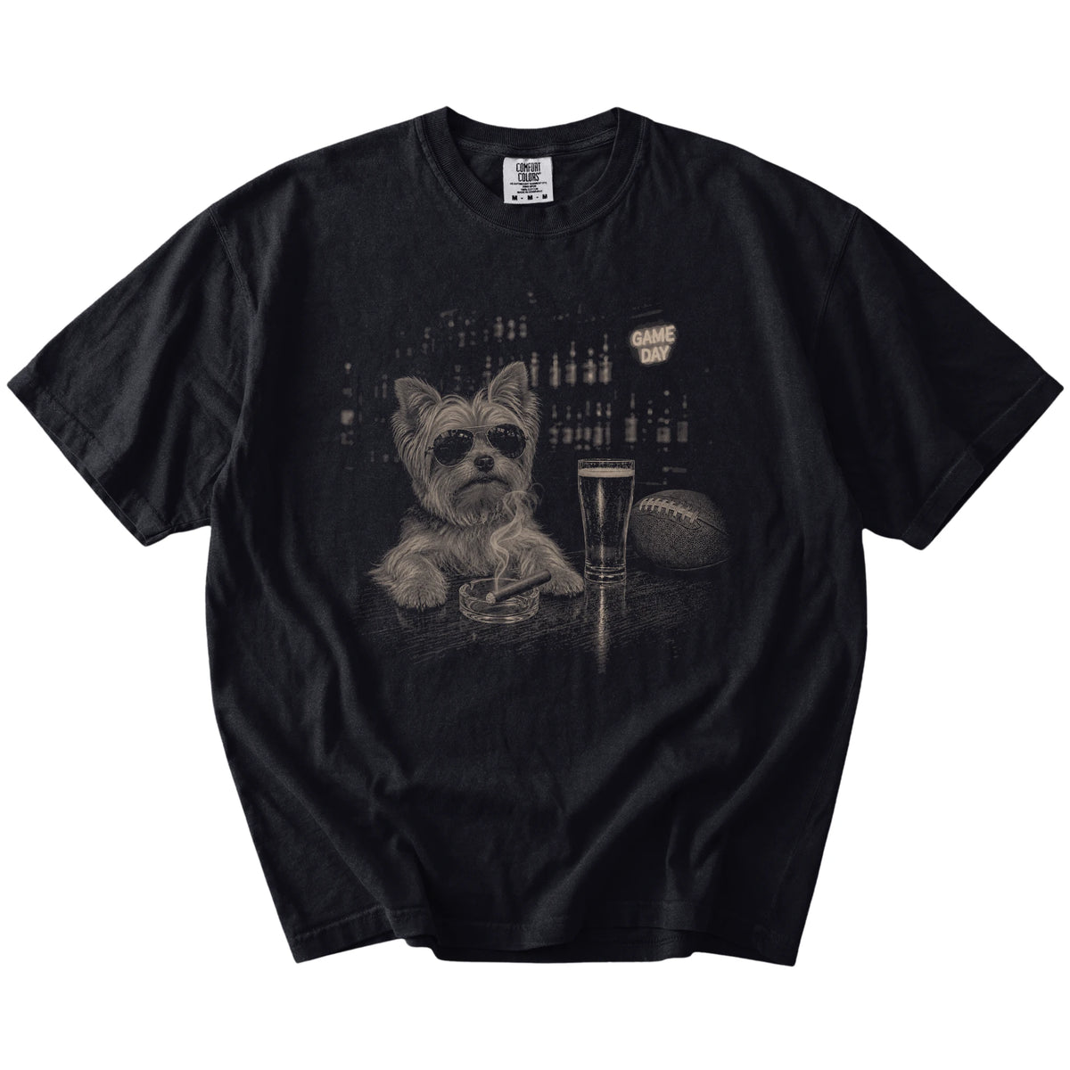 Yorkie with beer and football graphics on a Black Comfort Colors® T-shirt