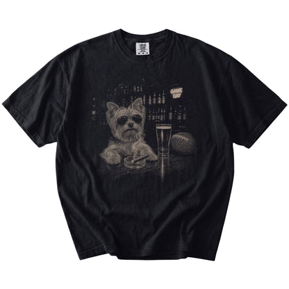 Yorkie with beer and football graphics on a Black Comfort Colors® T-shirt