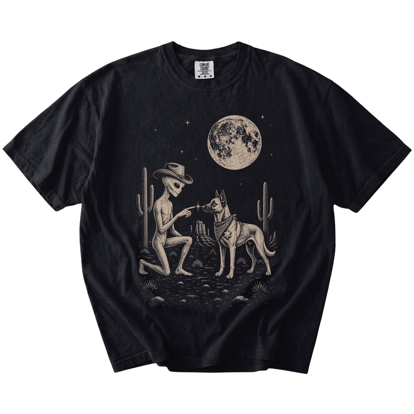 Cowboy alien fist-bumping a Belgian Malinois beneath the moon on a Black Comfort Colors® T-shirt