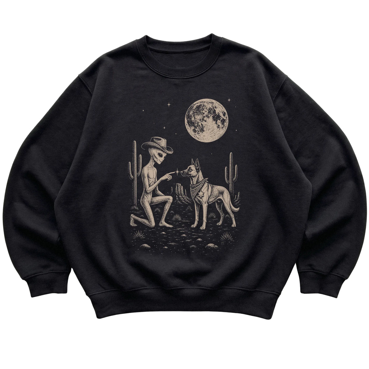 Black crewneck sweatshirt featuring Belgian Malinois Cowboy and Alien, laid-flat presentation