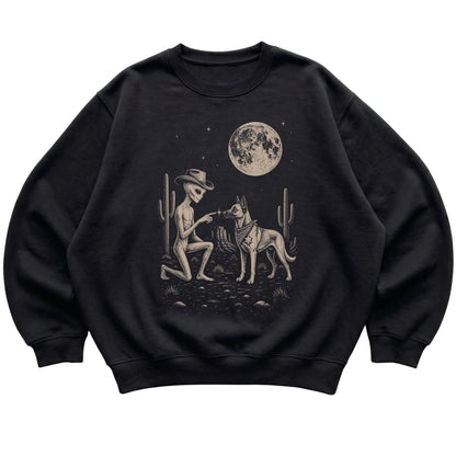 Black crewneck sweatshirt featuring Belgian Malinois Cowboy and Alien, laid-flat presentation