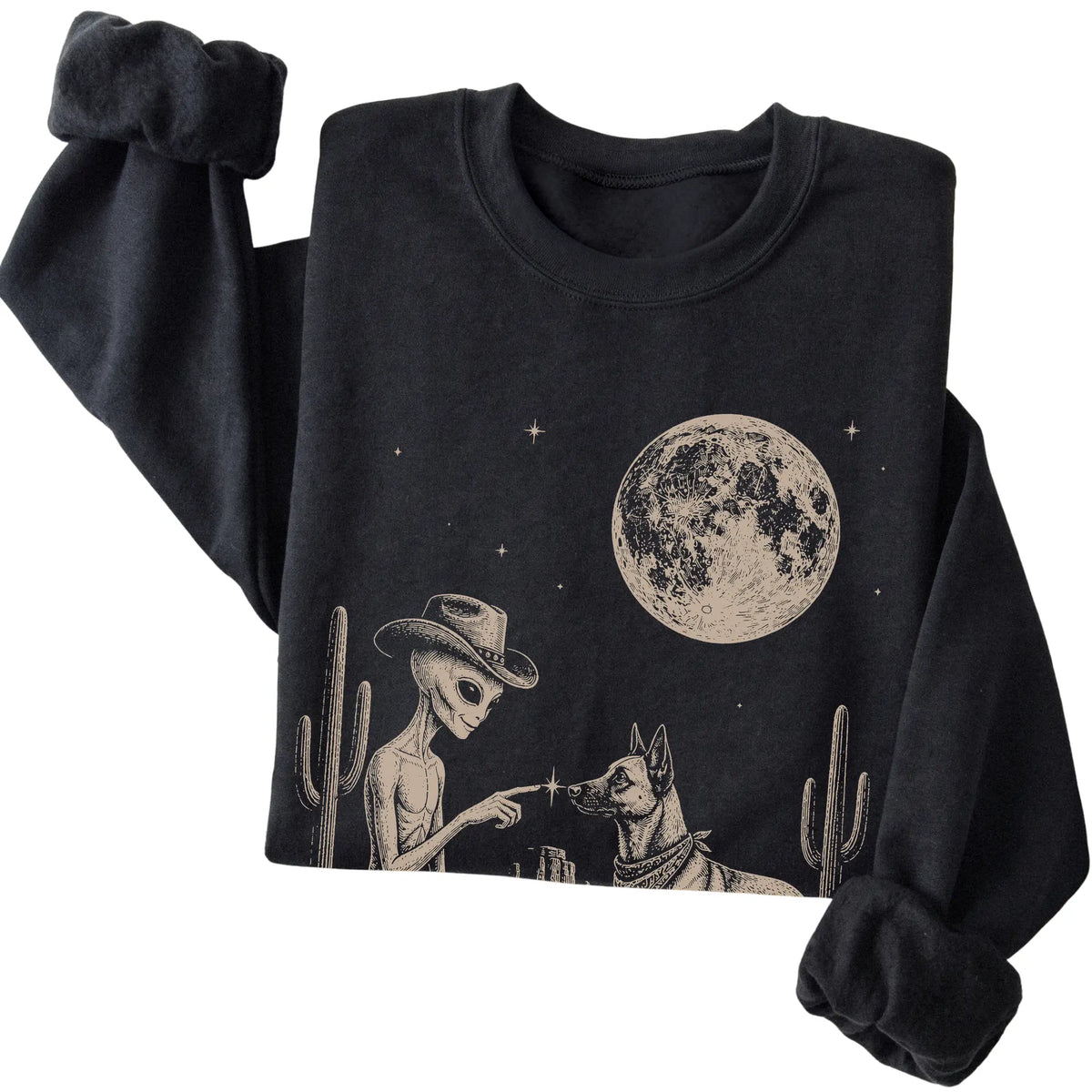 Black crewneck sweatshirt featuring Belgian Malinois Cowboy and Alien, folded presentation