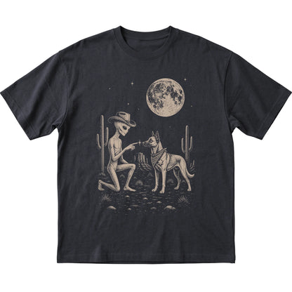 Black T-shirt featuring Belgian Malinois Cowboy and Alien, laid-flat presentation
