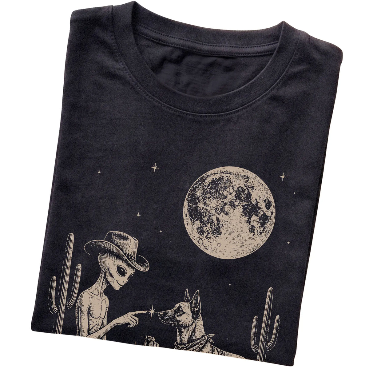 Black T-shirt featuring Belgian Malinois Cowboy and Alien, folded presentation