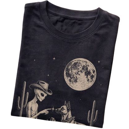 Black T-shirt featuring Belgian Malinois Cowboy and Alien, folded presentation