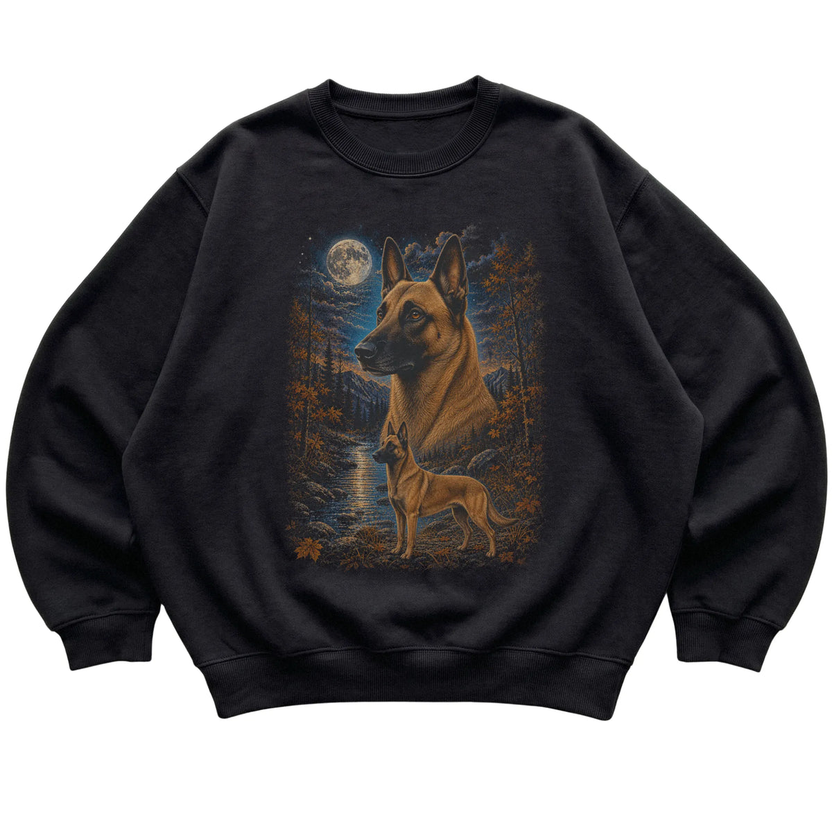 black sweatshirt with Belgian Malinois Autumn Moon artwork.