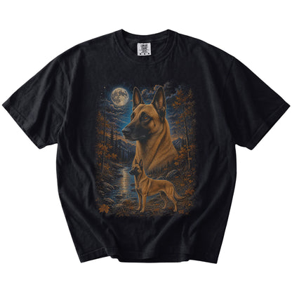 Belgian Malinois in a moonlit fall forest scene on a Black Comfort Colors® t-shirt