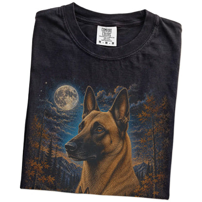 Folded Black Comfort Colors® t-shirt showing Belgian Malinois in a fall forest graphic