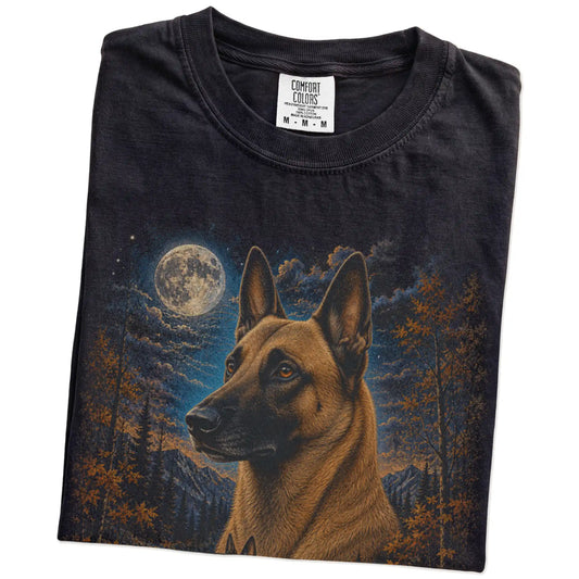 Folded Black Comfort Colors® t-shirt showing Belgian Malinois in a fall forest graphic