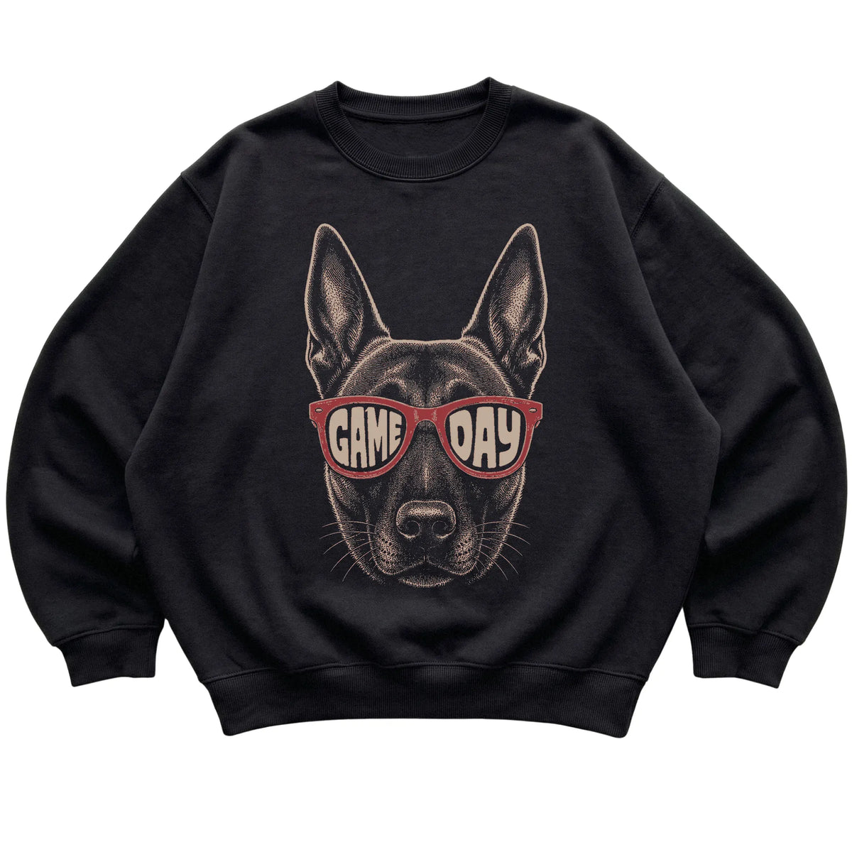 Black Belgian Malinois Game Day Sunglasses sweatshirt, laid flat