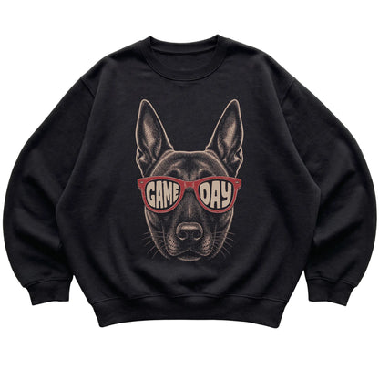 Black Belgian Malinois Game Day Sunglasses sweatshirt, laid flat