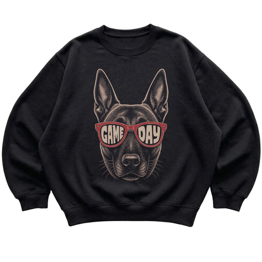 Black Belgian Malinois Game Day Sunglasses sweatshirt, laid flat