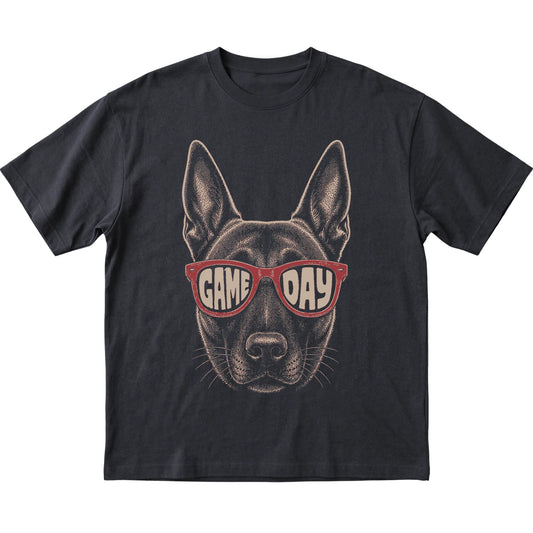 Black Belgian Malinois Game Day Sunglasses T-shirt, laid flat