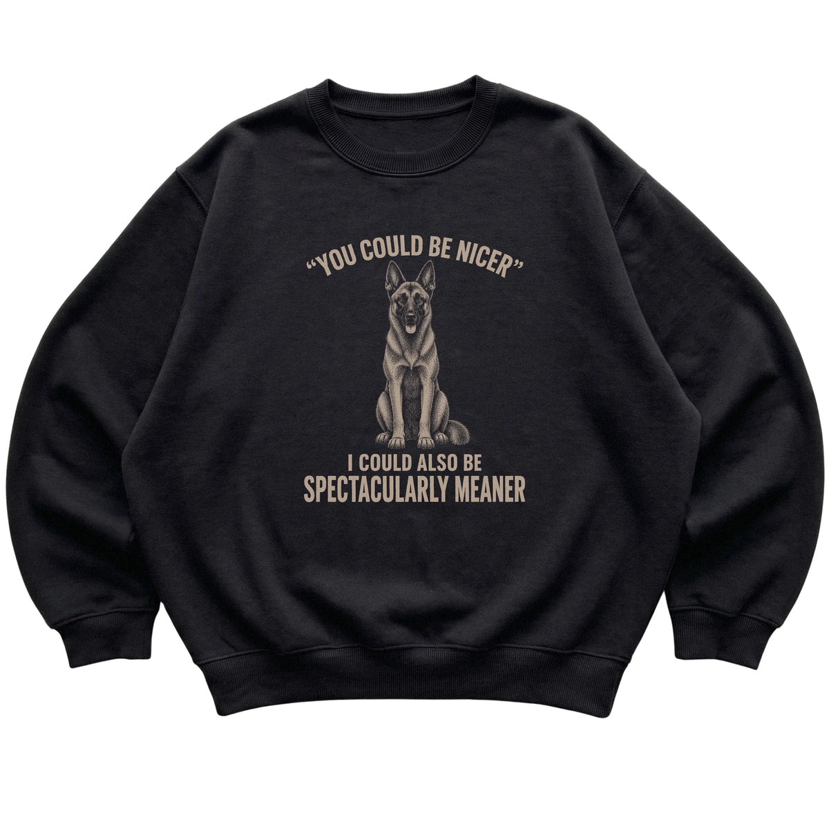 Belgian Malinois Guard Dog Sweatshirt in Black — flat lay