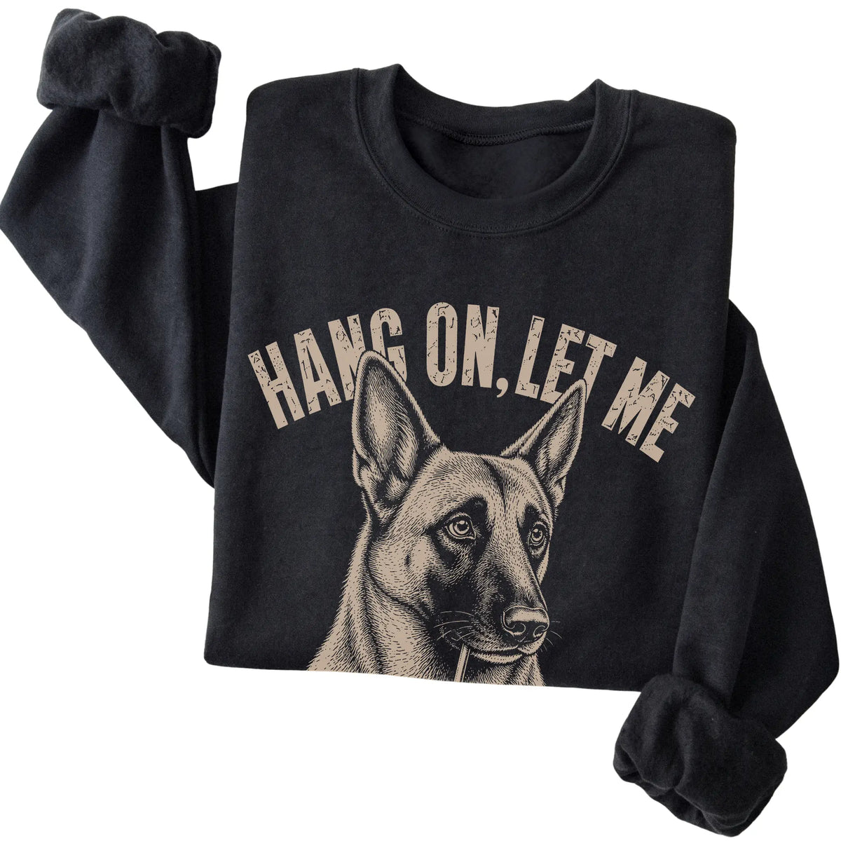 Black crewneck sweatshirt featuring Overthinking Belgian Malinois, folded presentation