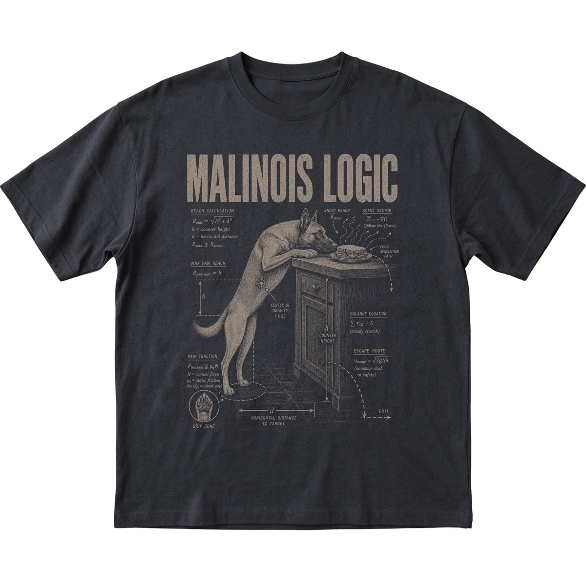 Black Belgian Malinois Logic T-Shirt laid flat
