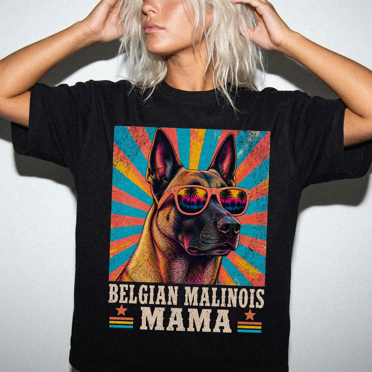 Retro Belgian Malinois Mama design on a Black Comfort Colors T-shirt worn by a model