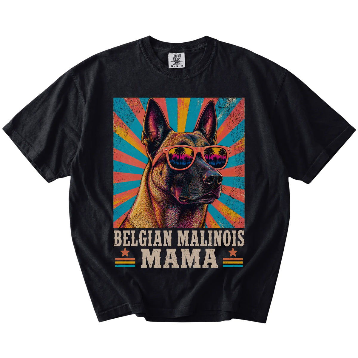 Retro Belgian Malinois Mama design on a Black Comfort Colors T-shirt
