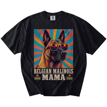 Retro Belgian Malinois Mama design on a Black Comfort Colors T-shirt