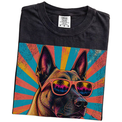 Retro Belgian Malinois Mama design on a Black Comfort Colors T-shirt folded detail