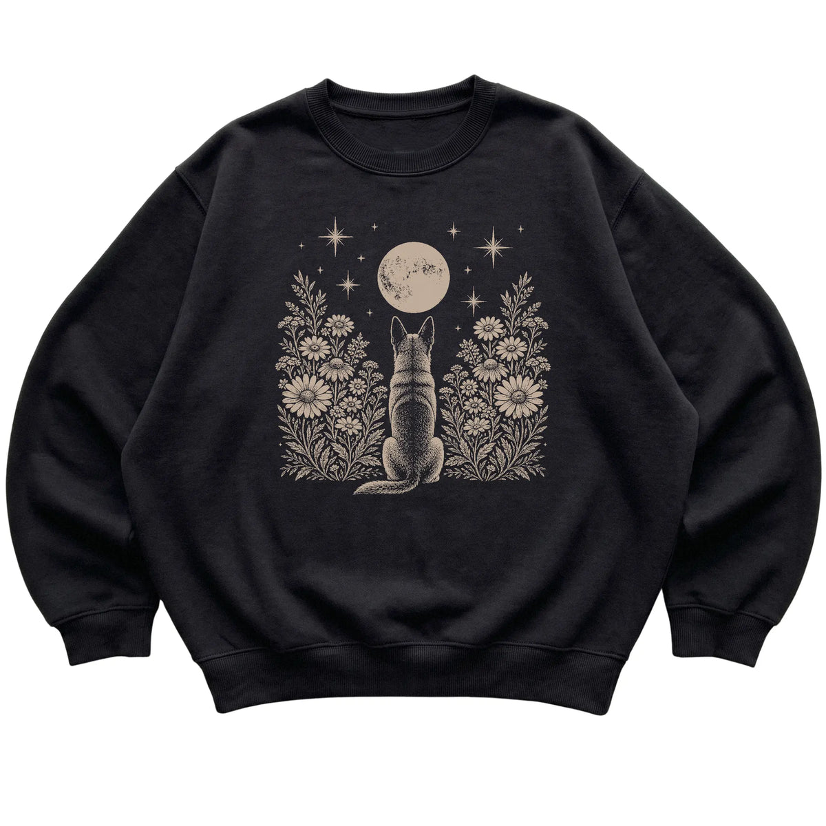 Black crewneck sweatshirt featuring Wildflower Moon Belgian Malinois, laid-flat presentation