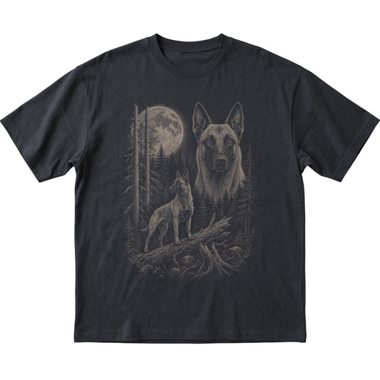Belgian Malinois Moonlit Forest graphic on a black Softstyle T-shirt laid flat