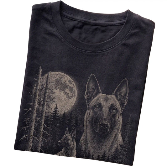 Folded black Softstyle T-shirt showing the Belgian Malinois Moonlit Forest graphic