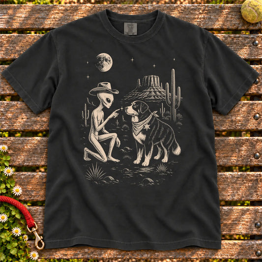 Bernese Mountain Dog Cowboy and Alien on a Black T-shirt, shown flat