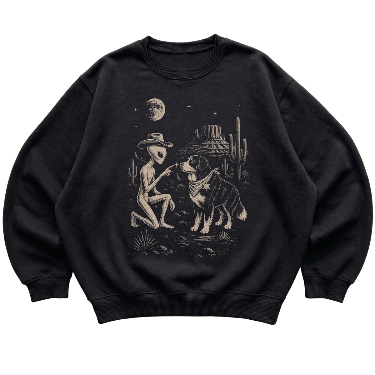 Black crewneck sweatshirt featuring Bernese Mountain Dog Cowboy and Alien, laid-flat presentation