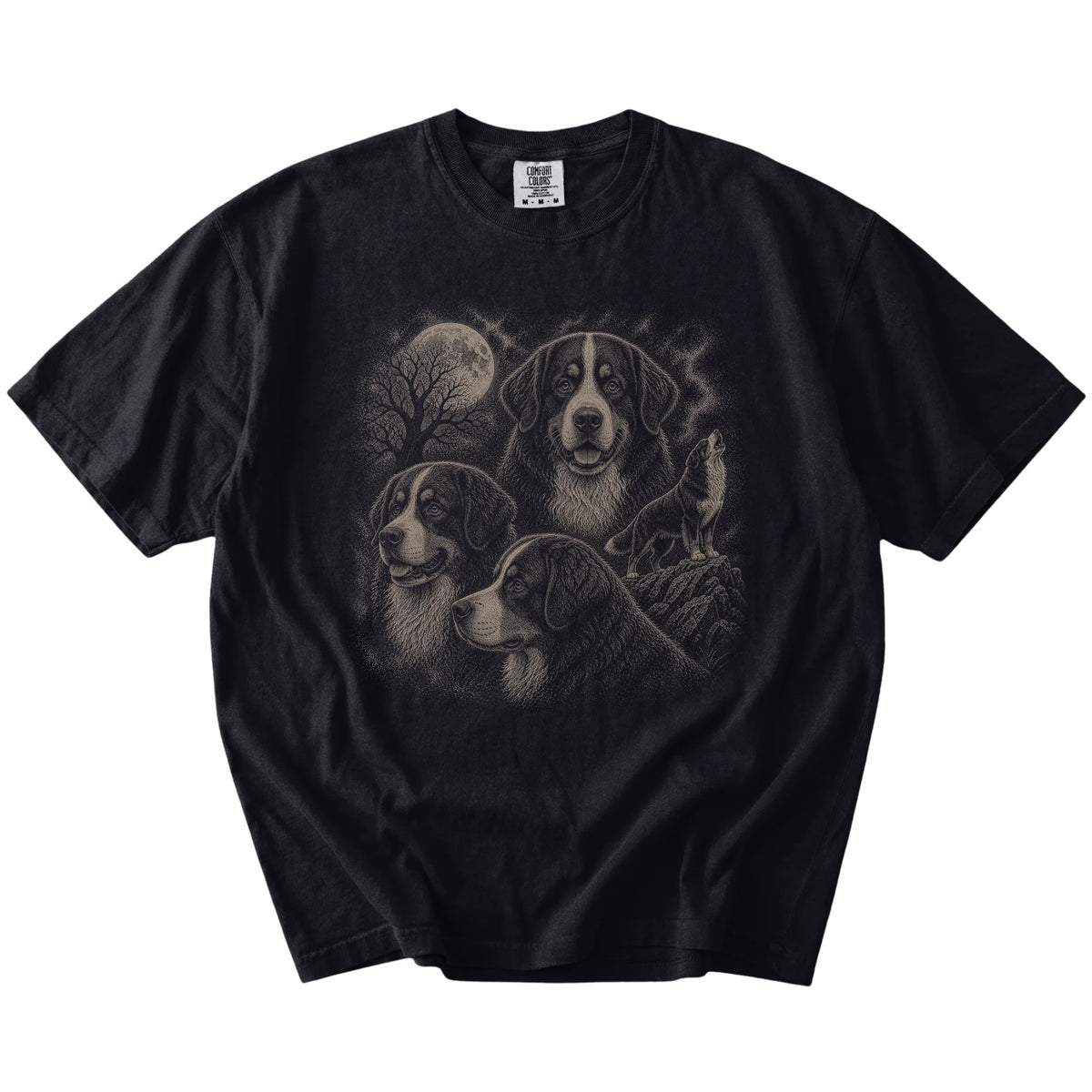 Vintage moon montage featuring Bernese Mountain Dog on a Black Comfort Colors® T-shirt