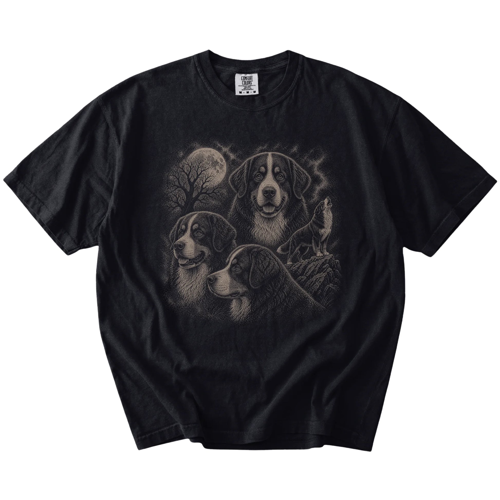 Vintage moon montage featuring Bernese Mountain Dog on a Black Comfort Colors® T-shirt