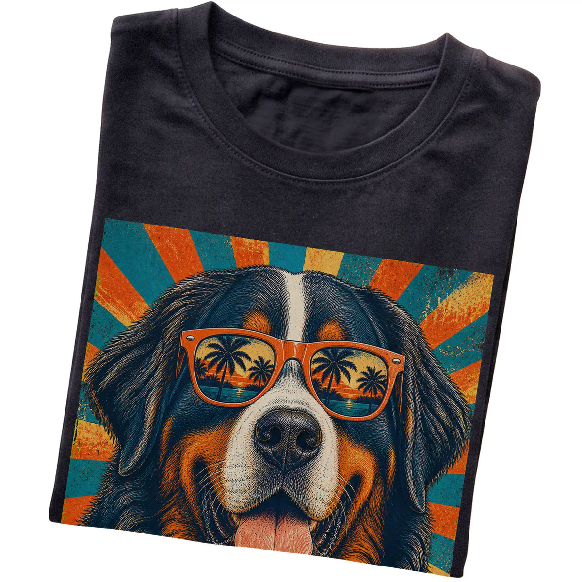 Folded Black softstyle T-shirt with a Retro Bernese Mountain Dog Dad design