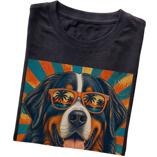Folded Black softstyle T-shirt with a Retro Bernese Mountain Dog Dad design